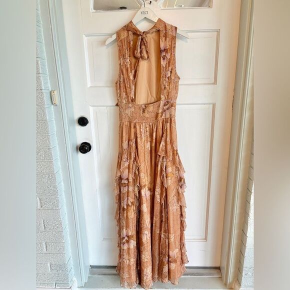 New Anthropologie BHLDN High-Neck A-Line Chiffon Floral Orange Brown Gown - Picture 5 of 9